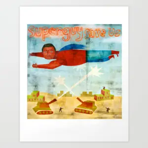 SuperGuy Save Us giclée print illustration of a heroic flying figure with starbursts over a city landscape