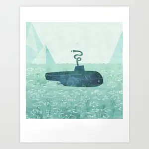 Teal-toned giclée print showing a submarine submerged over rippling ocean water