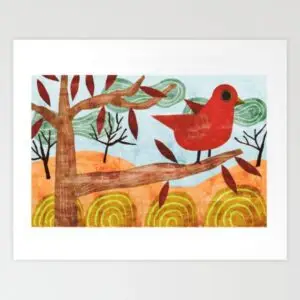 Red bird perched on a branch in a colorful nature illustration with trees and warm sunset bands