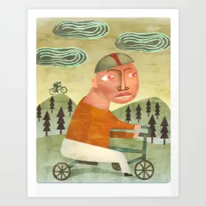Boy on a red tricycle riding through pine trees under green wave clouds, giclée print illustration