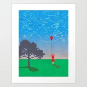 Red balloon floating above a grassy field, its string trailing to a small red figure in a winding sky landscape