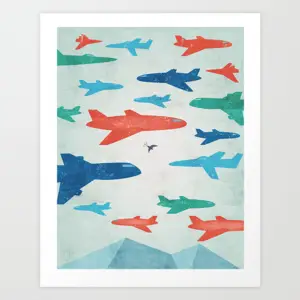 Colorful dogfight scene with multiple flying planes in midair, giclée print in a white mat