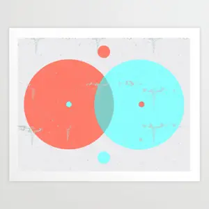 Colorful giclée print with two overlapping coral and aqua circles and small dots on a light background