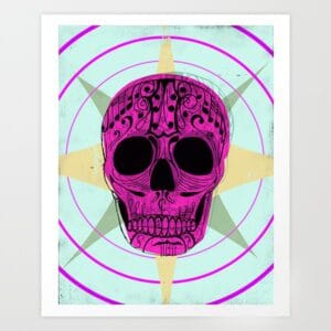 Surreal skull illustration with purple ink, grid lines, and geometric rings on a pastel background giclée print