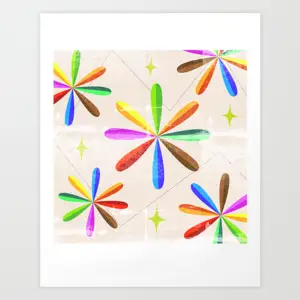 Square giclée print featuring colorful starburst flowers and sparkles on a light background.