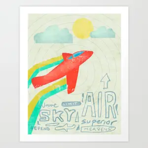 Red plane soaring over “SKY AIR” lettering with colorful sky clouds in a limited-edition giclee print style illustration