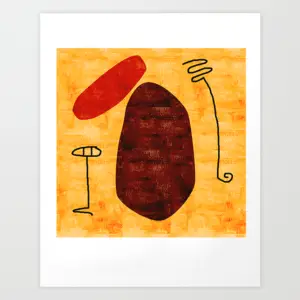 Abstract giclée print with a maroon egg-like form, red hat shape, and warm orange background with thin line accents