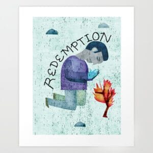 Redemption giclée print with circular “REDEMPTION” text around a purple broken sphere and red flame