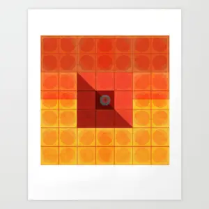 Orange and yellow cubed mandala print with layered geometric squares and a dark center circle