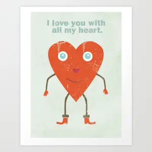 Charming heart character with bow tie and boots, reading “I love you with all my heart” on a pastel print