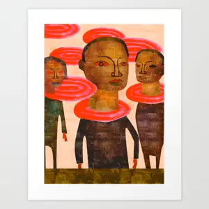 Indigenous portrait illustration with three stylized faces and red circular forms on a warm background