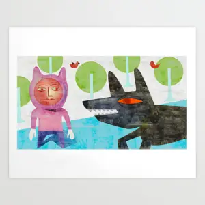 Big Bad Wolf illustration giclee print: a smiling wolf in pink beside a dark roaring wolf silhouette and green trees