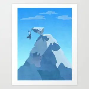 Blue mountain scene with a climber’s silhouette in snowy gear, giclee print illustration