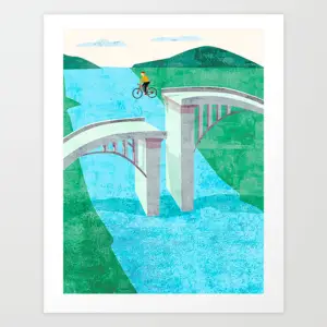 Abstract giclée print featuring a turquoise canal and arched stone bridge with green hills in the distance.