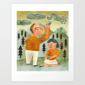 Surreal illustration of a childlike boy and girl in a forest, with green swirls and uplifted dreaming faces