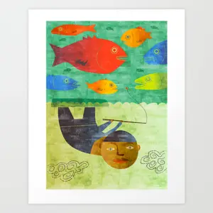 Underwater giclee print with colorful fish swimming around a bright orange fishing lure and wave patterns