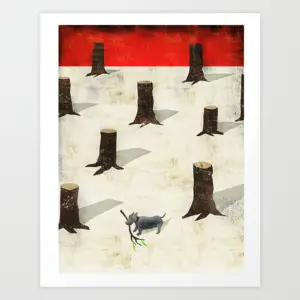 Snowy field scattered with black rain boots and a small green bird-like figure under a red sky
