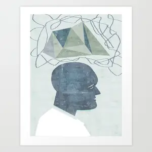 Modern giclée print showing an abstract blue head silhouette with geometric lines and translucent shapes
