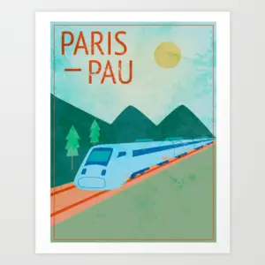 Illustrated “Paris—Pau” travel poster with a blue train passing green mountains under a yellow sun