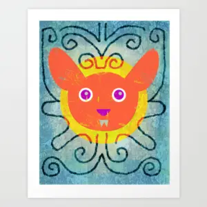 Bright orange cartoon bunny with purple eyes and a crown-like design on a blue swirling background