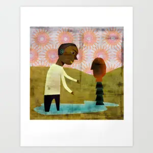 Portrait illustration of a dark-skinned child and mother in a green landscape with glowing orange flower bursts