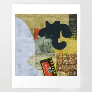 Abstract collage print with puzzle-piece shapes and vintage book text in muted yellow and black tones