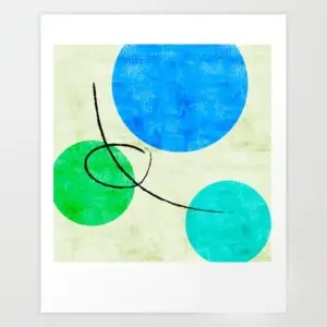 Abstract giclée print with overlapping teal and blue circles and a green form with a thin line.