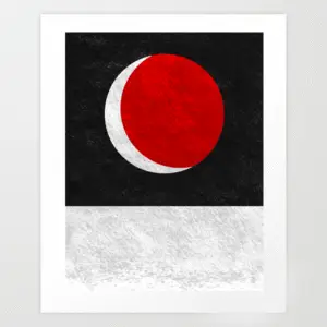 Minimalist red circle on white and black background, resembling a Japanese flag in an abstract print