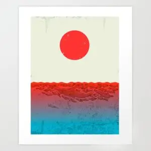 Giclée print of a red circle over red and blue abstract waves on a pale background