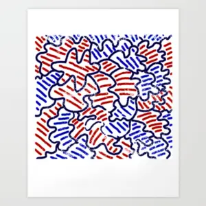 Abstract giclée print featuring swirling red and blue line patterns on a white background