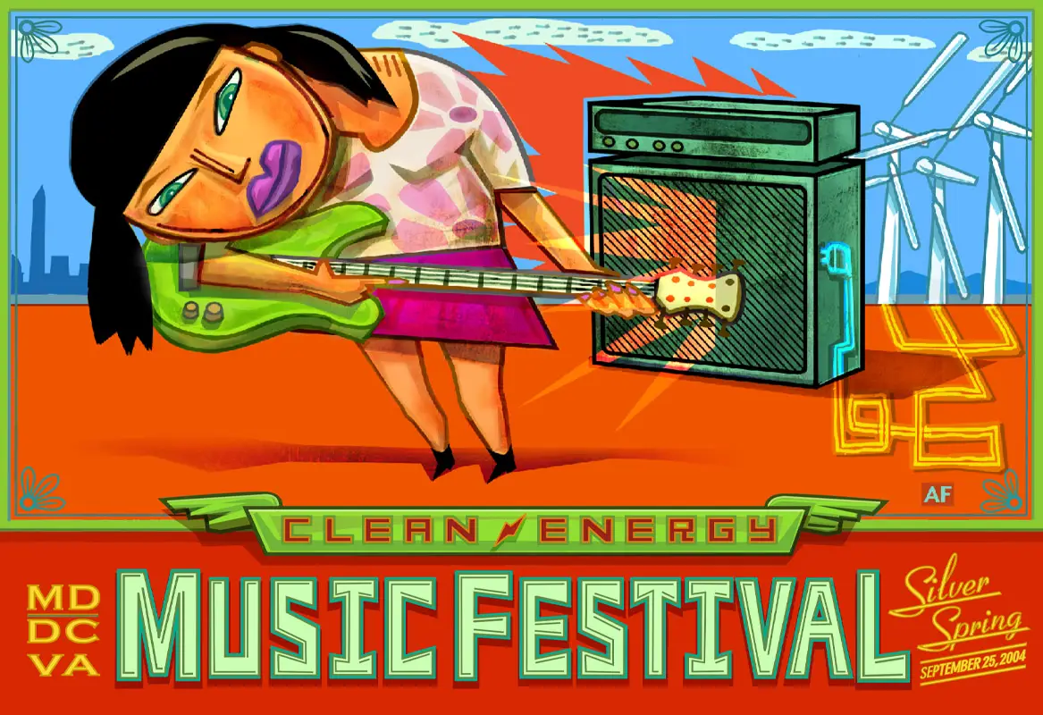 Colorful &ldquo;Music Festival&rdquo; poster with a guitarist and the text &ldquo;CLERK N ENERGY&rdquo; and &ldquo;Live on Stage&rdquo;