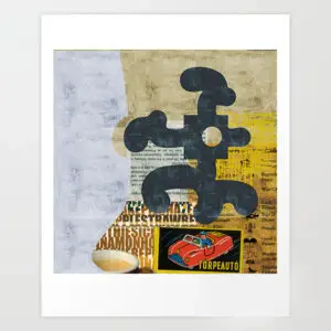 Abstract collage with black totem figures over yellow and red typography and a vintage car